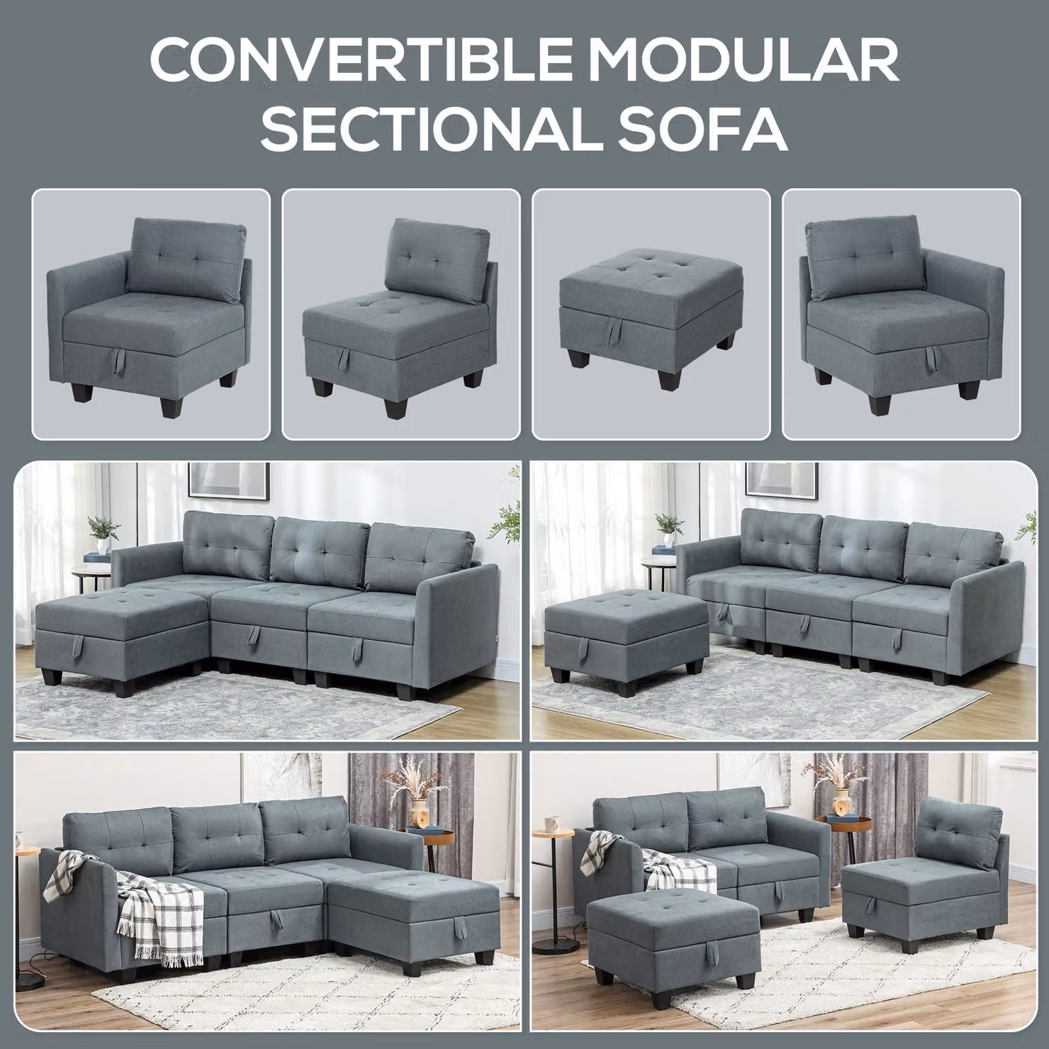 HOMCOM Reversible L-Shape Modular Sofa with Storage in Dark Grey – 4