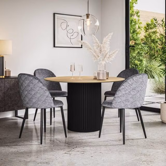 More4Homes Arlo Oak Round Dining Table with Black Legs and 4 Raye Grey Velvet Dining Chairs Set, W/D/H: 120 x 120 x 75 cm