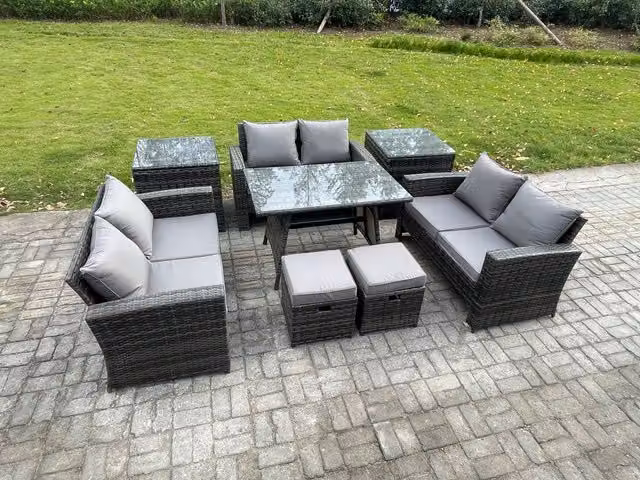 Fimous Outdoor Lounge Sofa Set with Rectangular Dining Table in Dark Grey PE Rattan