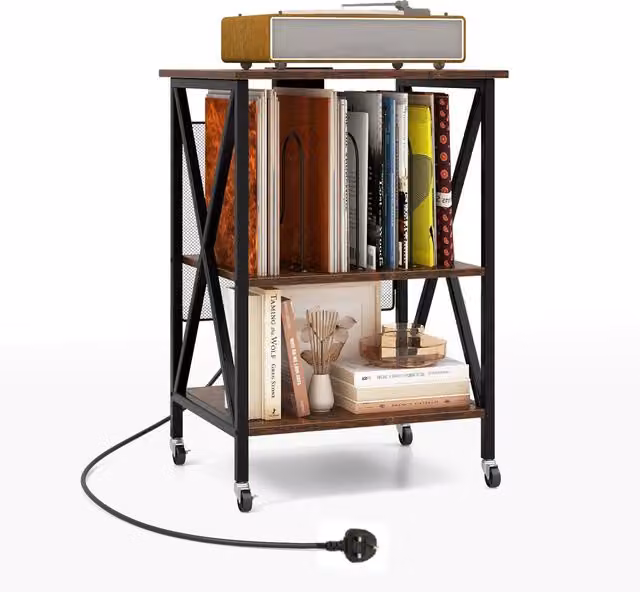 Costway Brown Industrial Record Player Stand and Vinyl Storage Cabinet with Castors – 1