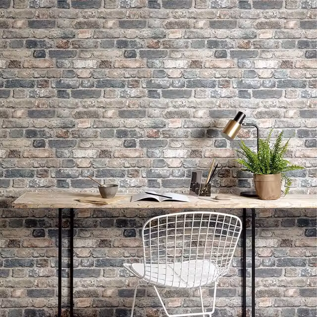 Grandeco Industrial Rustic Brick Textured Wallpaper in Grey, Pink and Red