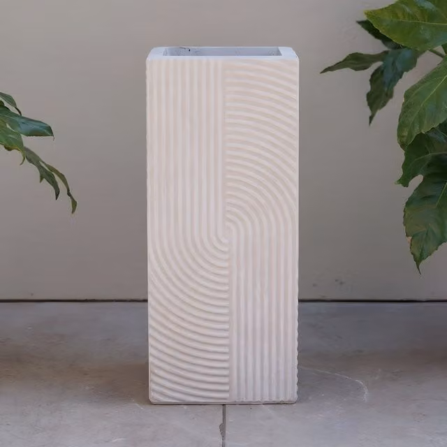 Primrose Ribbed Swirl Design Tall Square Outdoor Planter in White and Grey, Height: 210 cm