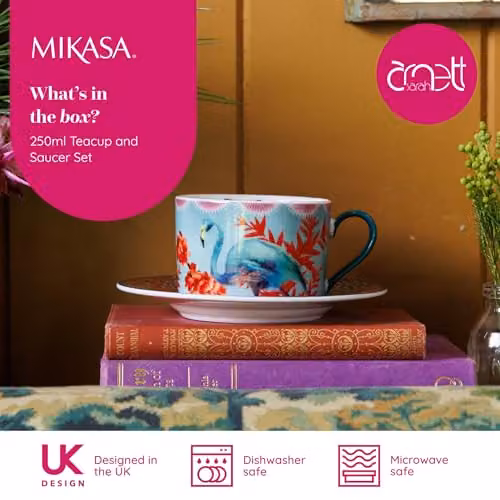 Mikasa Sarah Arnett Porcelain Tea Cup and Saucer Set, 250ml, Multicolour and White – 2