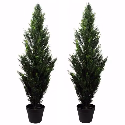 Pair of Green Leaf Artificial Topiary Trees, H 120 cm x W 35 cm x D 35 cm