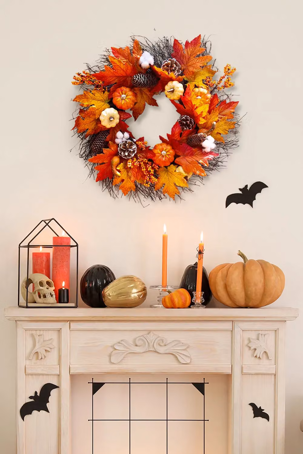 Living and Home Orange Pre-Lit Autumn Wreath with Pumpkin, Maple Leaves, Cotton and Pine Cones, Diameter: 55 cm – 2