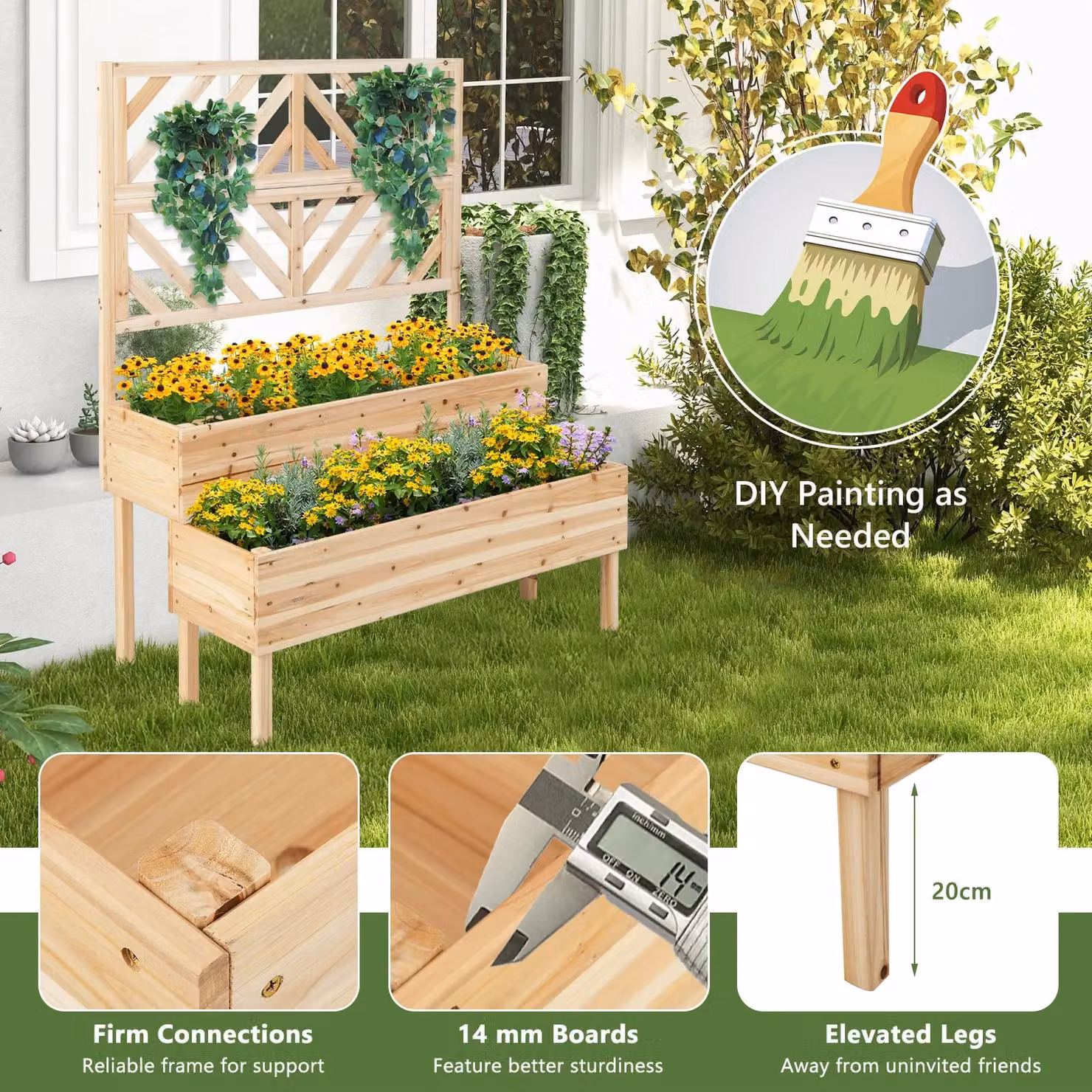 Costway 2-Tier Wooden Raised Garden Bed with Trellis in Brown or Sand – 2