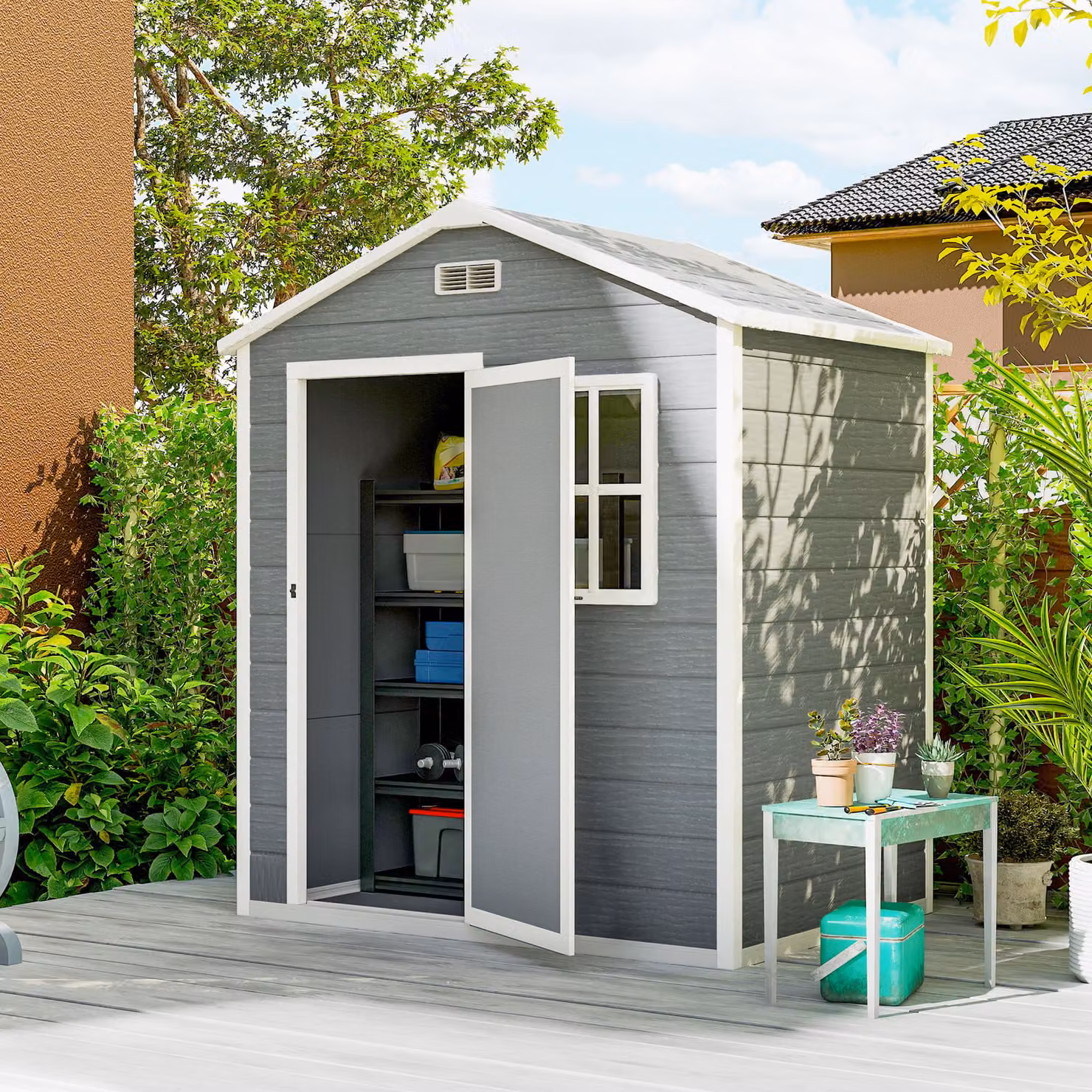 Outsunny Grey Plastic Outdoor Storage Shed with Foundation, Lockable Door, Windows and Vents – 3
