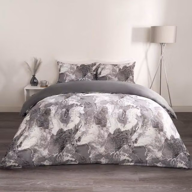 OHS Grey Marble Graphic Microfibre Polyester Duvet Cover Set, 180 x 200 cm