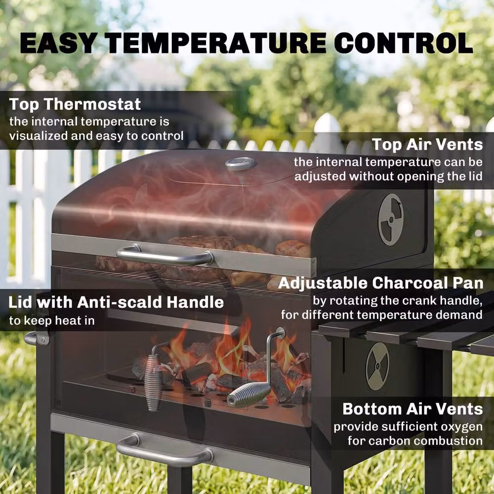 Rolipo Charcoal Grill with Height-Adjustable Coal Pan, Warming Rack and Thermometer, Black – 7