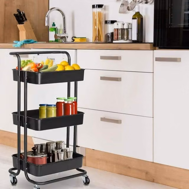 HyFive 3 Tier Metal Storage Trolley with Wheels in Matt Black