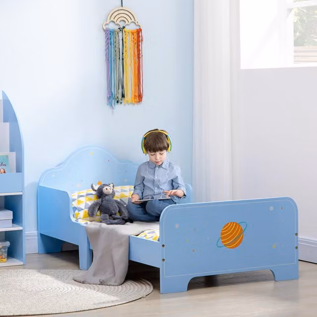 ZONEKIZ Kids Toddler Bed with Rocket and Floral Patterns in Blue