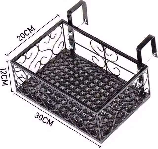 FORGEVIO Black Metal Hanging Trough Planter and Balcony Railing Flower Rack, W: 30 cm, D: 20 cm, H: 12 cm