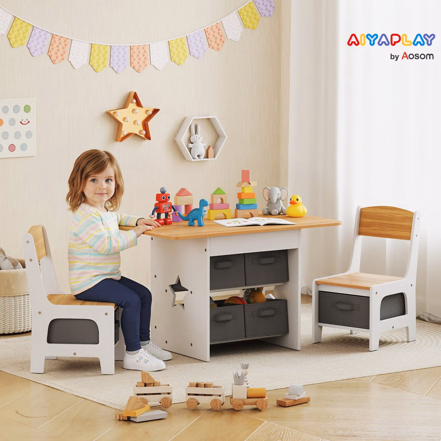 AIYAPLAY Kids Table and 2 Chairs Set with 6 Removable Drawers, Natural Sand and White – 2