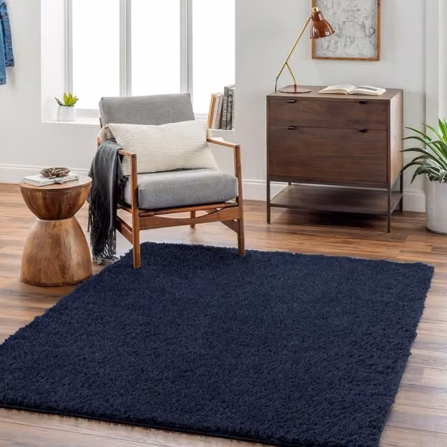 Livabliss Moda Round Shag Plush Pile Rug in Dark Blue, Diameter: 160 cm
