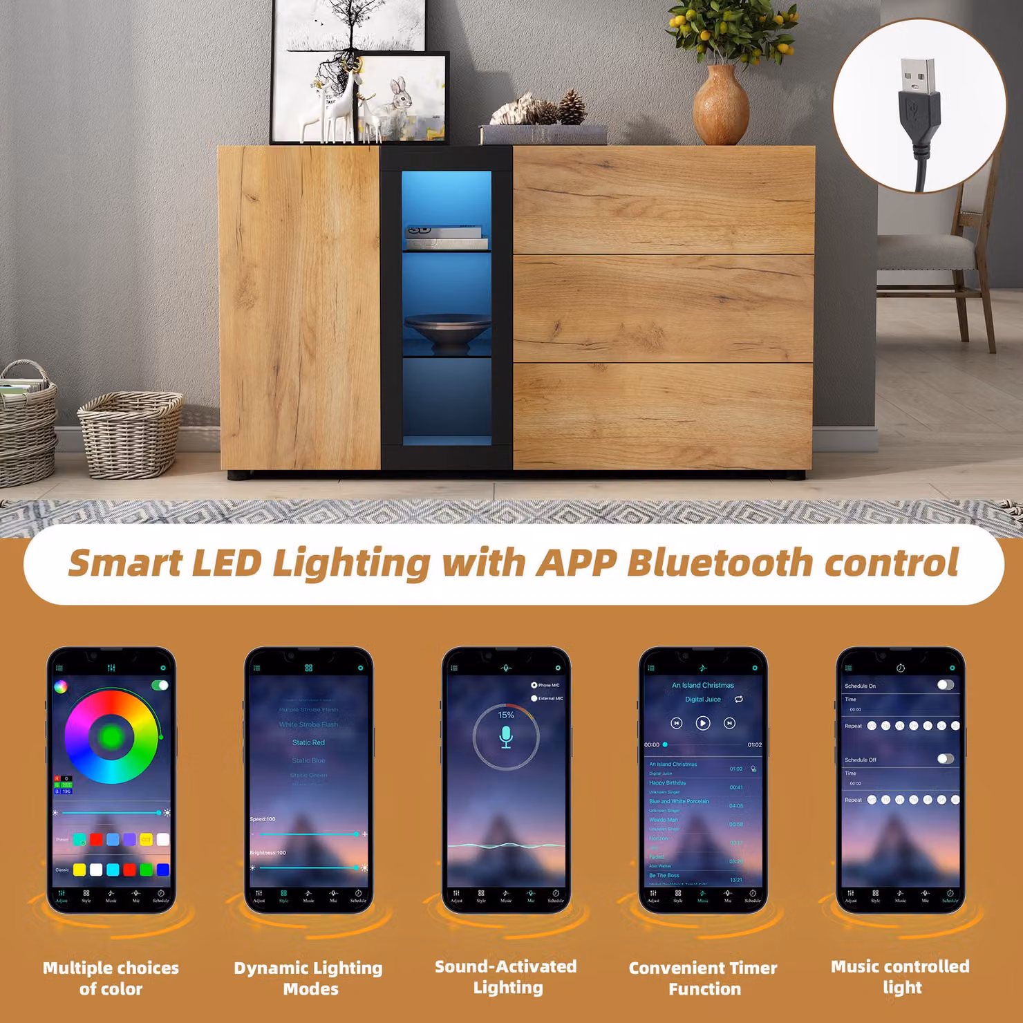 Aosom UK Modern Versatile Storage Cabinet with 3 Drawers, Smart LED Lighting and Adjustable Glass Shelves, Black and Brown, W: 140 cm, D: 40 cm, H: 80 cm – 4