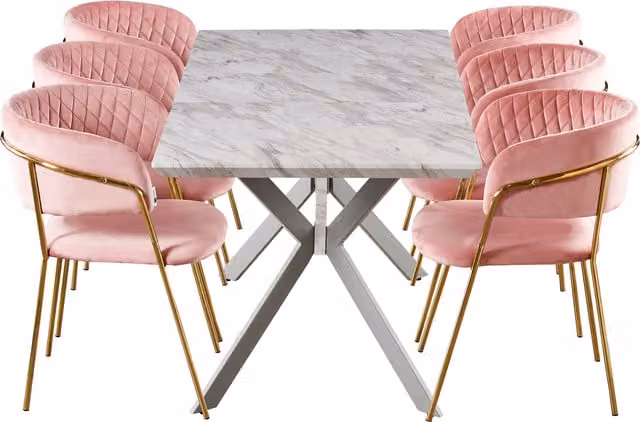 Life Interiors Atarah Blaze LUX Extendable Dining Set with Marble Table and 6 Pink and Gold Chairs