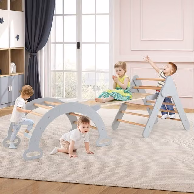 Costway 3-in-1 Modular Kids Climbing Frame with Slide in Grey Wood