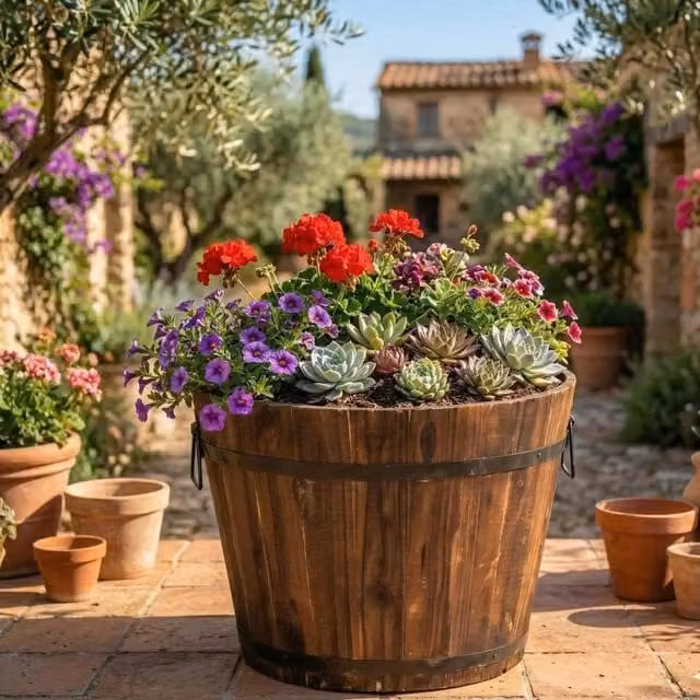 EONLION Large Brown Wooden and Metal Garden Planter Tub – 1