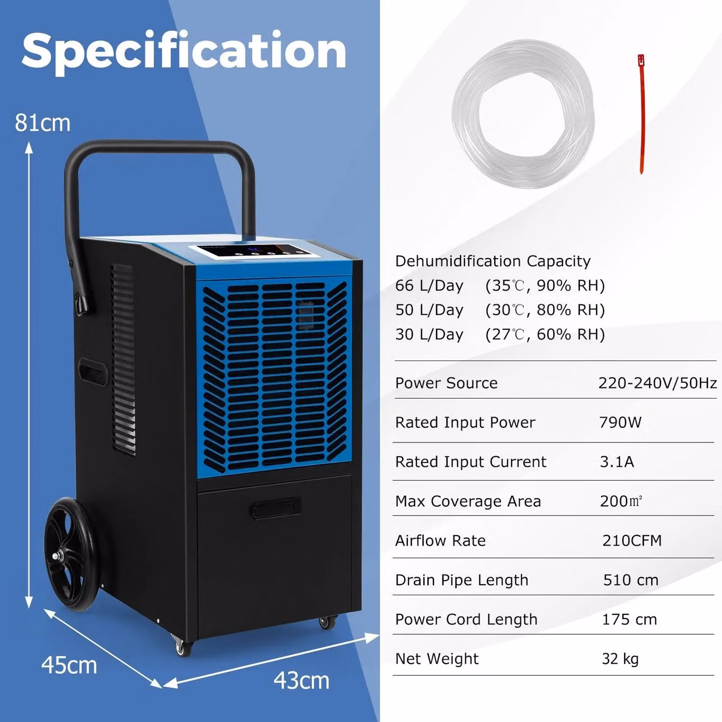 Costway 66L Commercial and Industrial Dehumidifier with Pump, Blue – 3