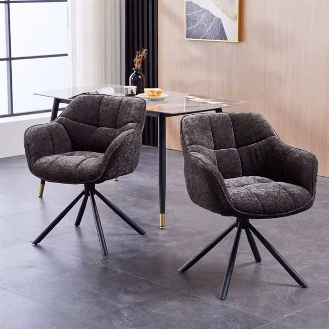 FURNITURE ONE Set of 2 Grey Fabric Padded Swivel Dining and Task Chairs with Metal Frame