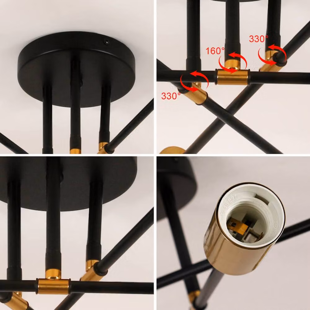 COMELY Sputnik Mid-Century Ceiling Light, 6-Light E27 Metal Flush Mount in Black and Gold – 3