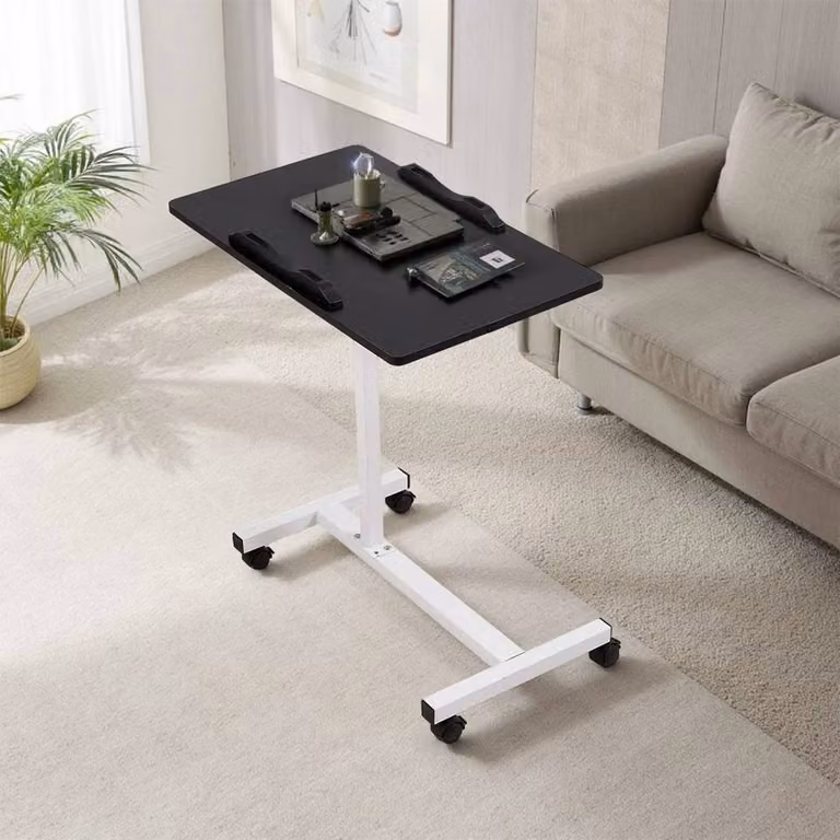 KORVIXA Black Height Adjustable Overbed Table and Laptop Desk with Tilting Top and Castors, W/D/H: 100 x 100 x 100 cm