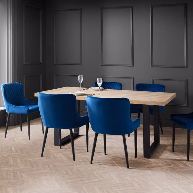 Julian Bowen Berwick Rectangular Oak Dining Table and 6 Luxe Chairs Set in Blue