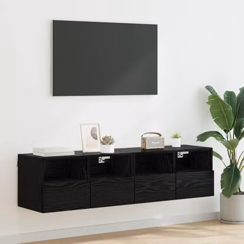 vidaXL Set of 2 Modern Wall Mounted TV Cabinets in Black, MDF with Hinged Doors and Internal Shelves – 2