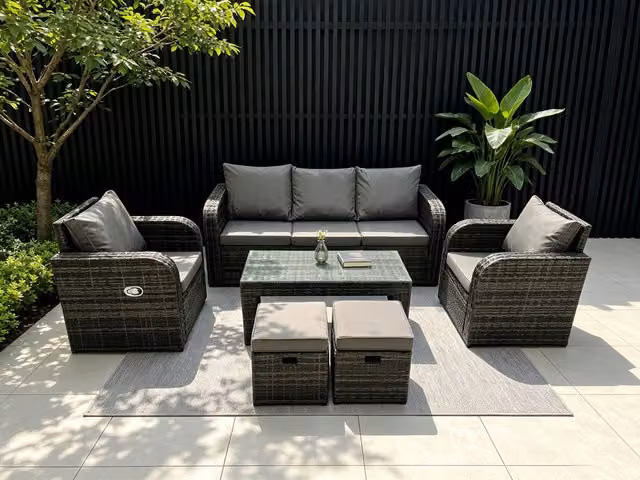 Fimous 7 Seater Grey Rattan Garden Furniture Set with Upholstered 3 Seater Sofa, Lounge Armchairs, Coffee Table and Ottomans
