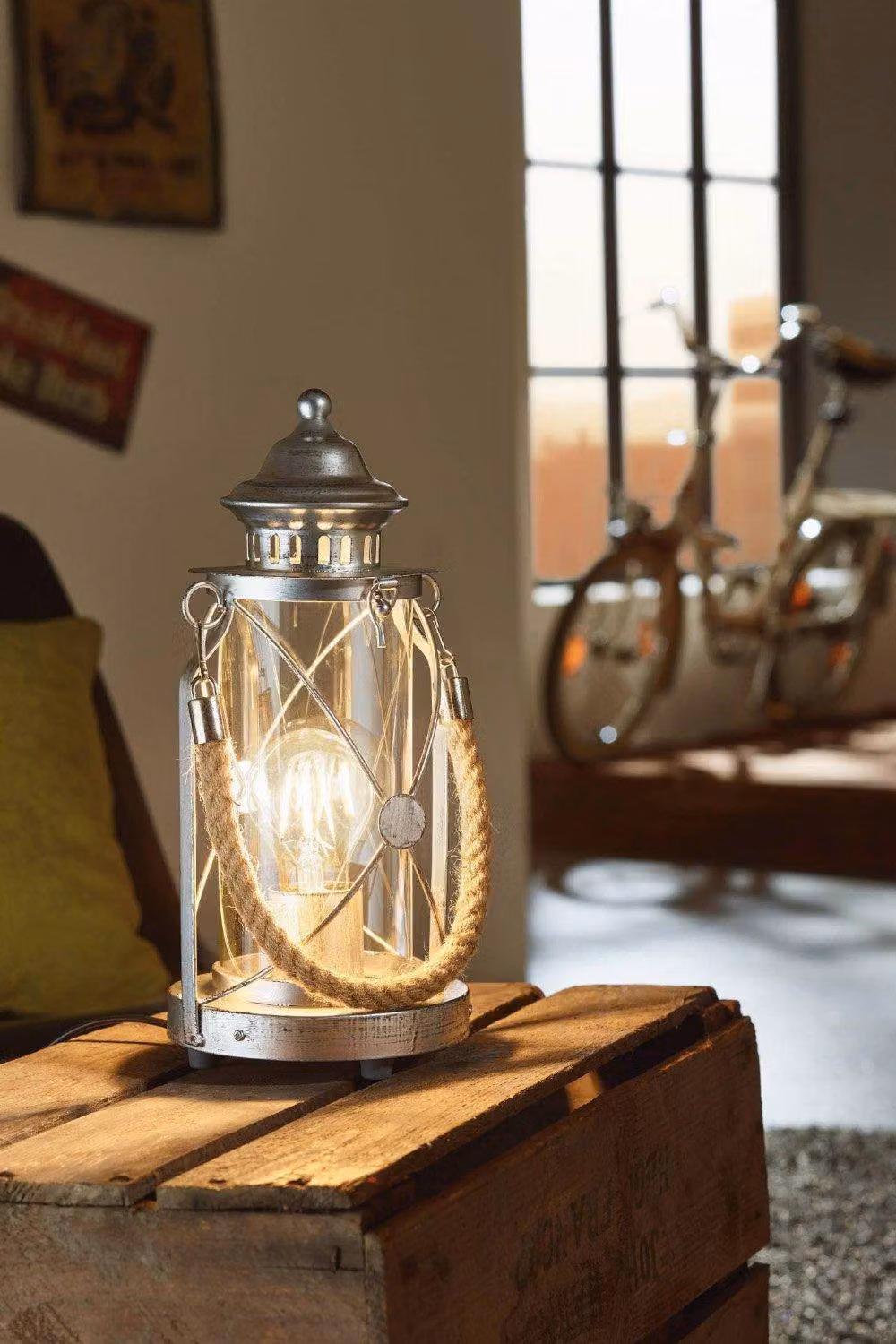 Eglo Bradford Glass and Metal Lantern Table Lamp in Silver – 2