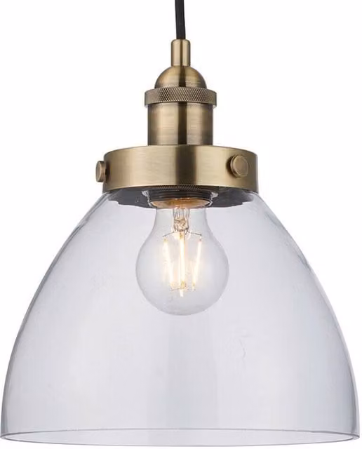 Loops Industrial Hanging Ceiling Pendant Light in Antique Brass and Clear Glass – 1