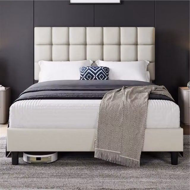 Yaheetech Modern Upholstered Bed Frame with Square Tufted Headboard in Beige and White, W/D/H: 180 x 200 cm