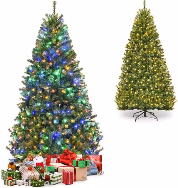 Gymax 180 cm Pre-Lit Artificial Christmas Tree with 350 Multicolour LED Lights in Green – 1