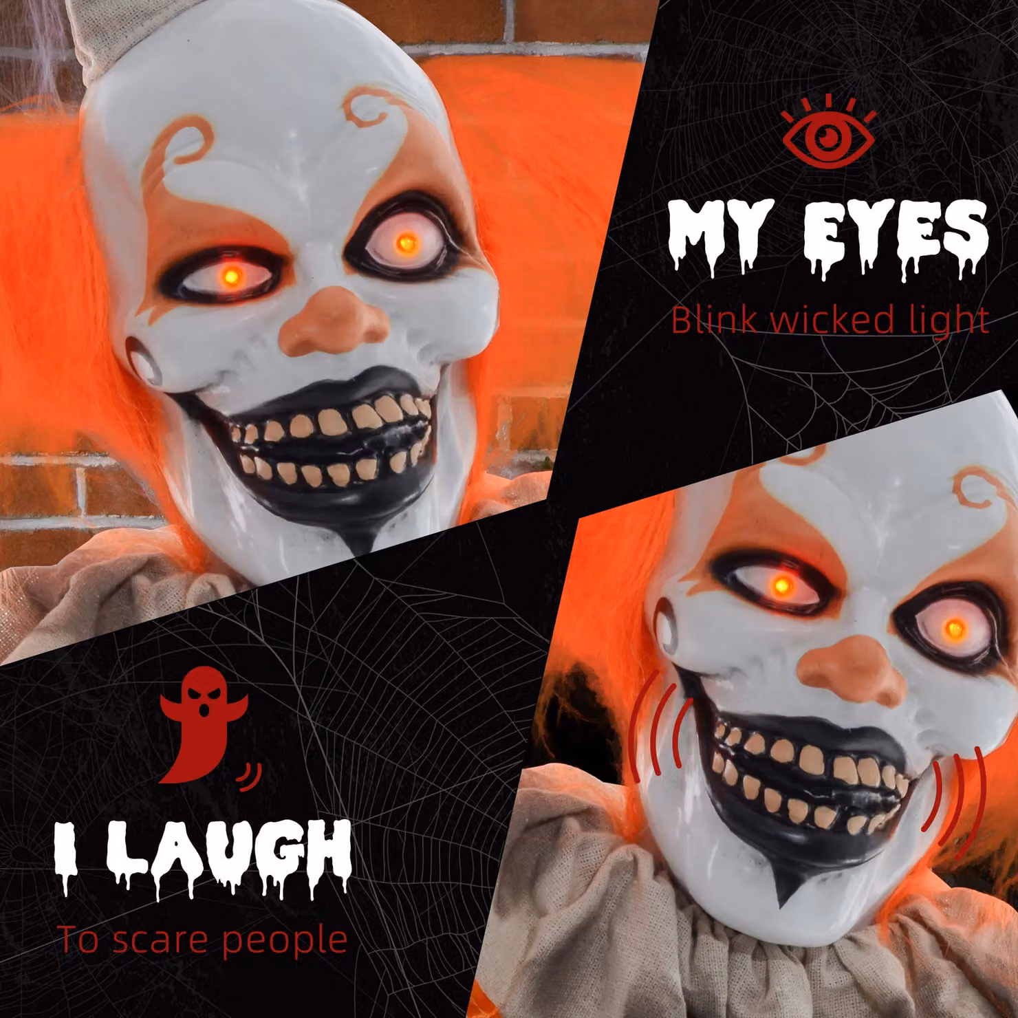 HOMCOM Halloween Clown Animatronic Prop with Light Up Eyes in Grey, Orange and Red – 4