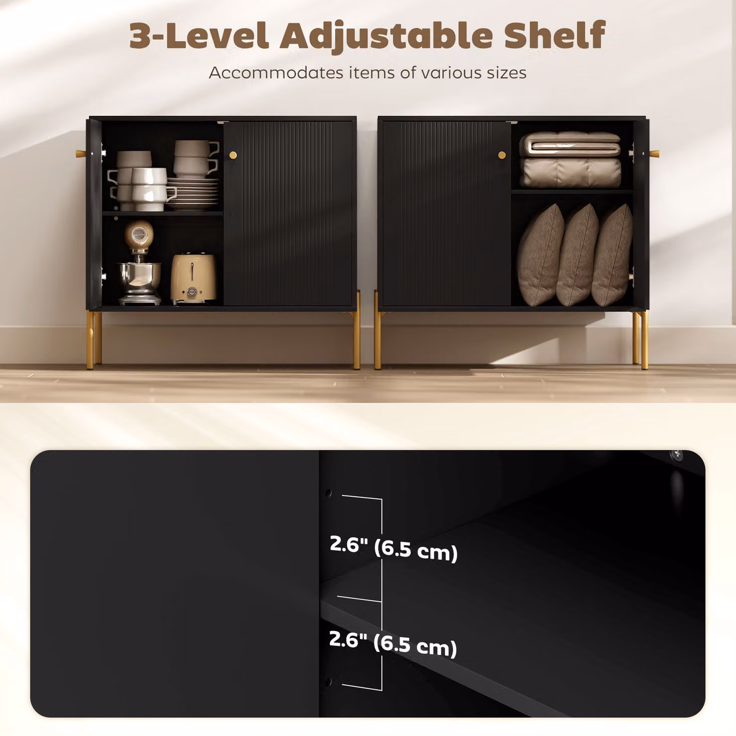 HOMCOM Black Sideboard Buffet Cabinet with Fluted Doors and Adjustable Shelf – 4