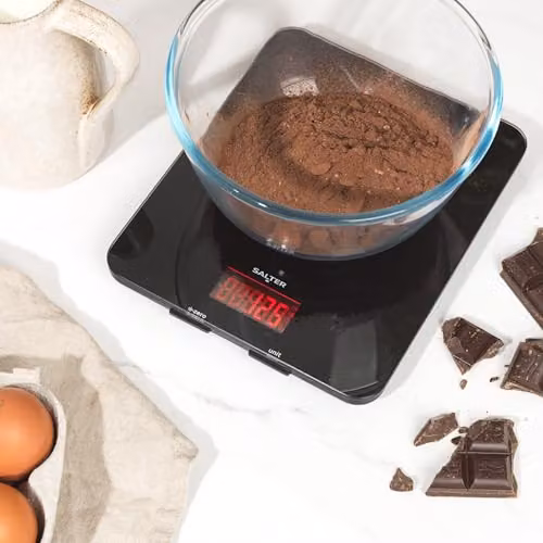 Salter Electronic Kitchen Scale with Glass Platform, 10kg Capacity, Add and Weigh Tare Function, Available in Red or Black – 3
