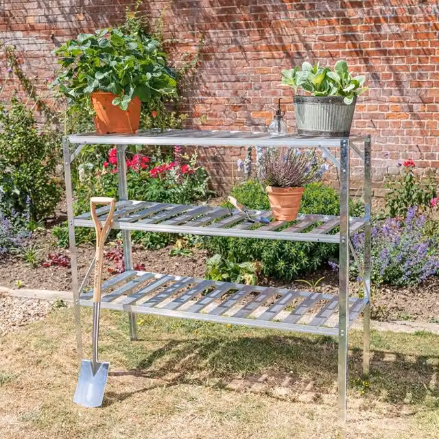 Primrose Traditional 3 Tier Greenhouse Staging Shelf Workbench in Silver, Width: 126 cm – 1