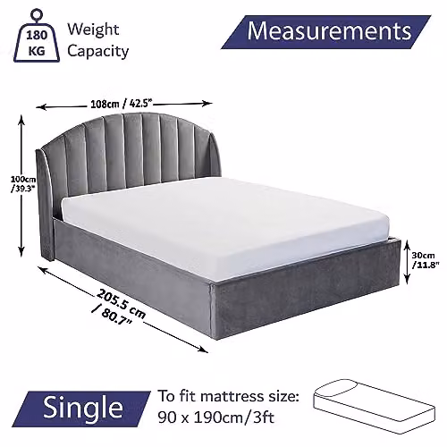 Home Treats Grey Velvet Single Ottoman Storage Bed with Curved Winged Headboard, W/D/H: 90 x 190 x 108 cm – 2