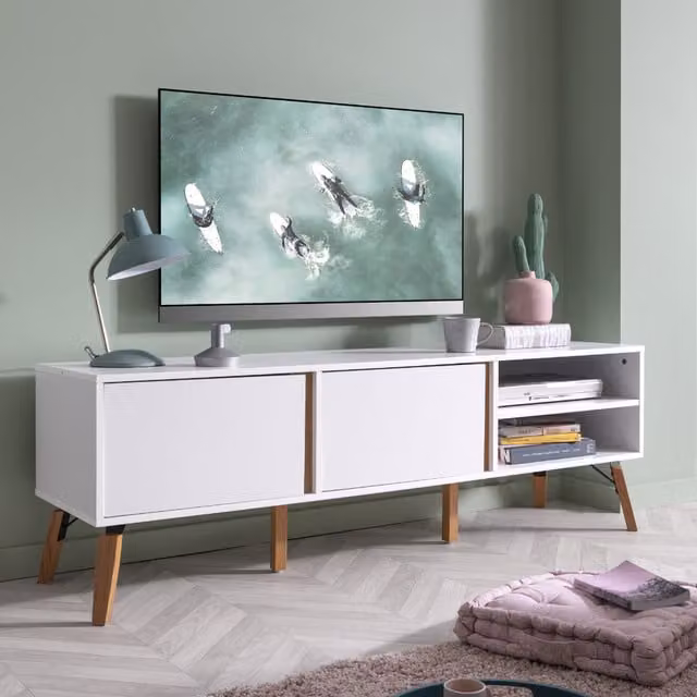 Otto Mid-Century White Wood TV Unit with Media Compartments