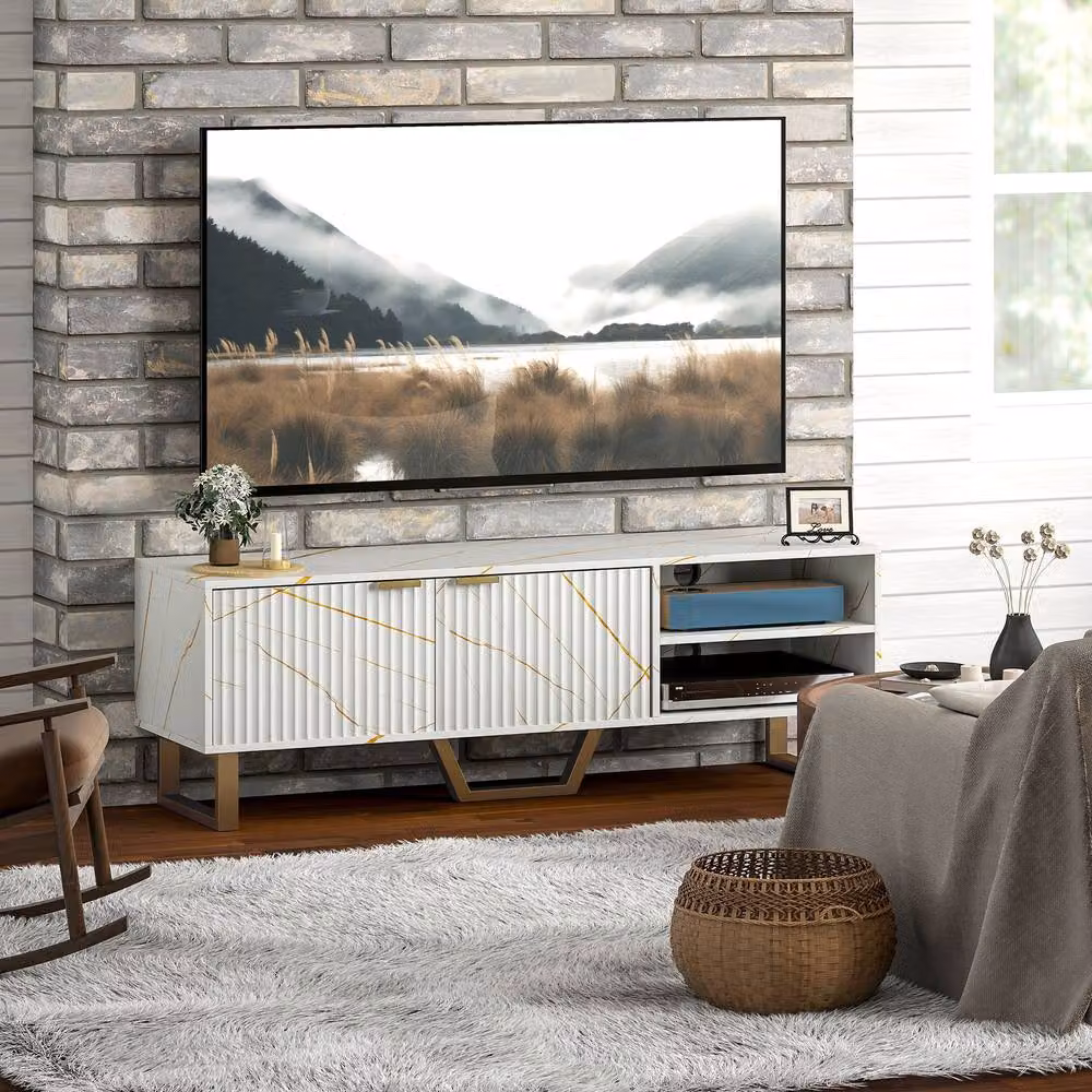 STILVORA Modern Abstract TV Stand in White and Gold with Metal Accents – 7