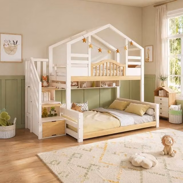 STILVORA Modern Childrens Bunk Bed with House Frame and Side Compartments, White, W/D/H: 190 x 90 x 150 cm – 1