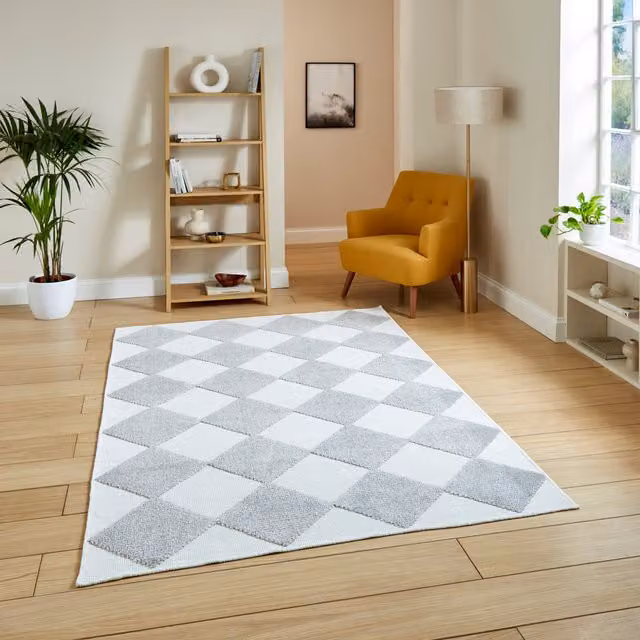 Terrys Modern Checkerboard Washable Rectangular Rug in Grey and Beige