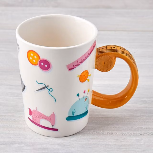 Hemline Sewing Theme Ceramic Novelty Mug, White/Tape Measure