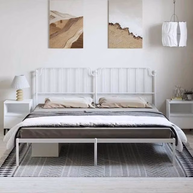 Berkfield Home Metal Bed Frame with Headboard in White, W/D/H: 183 x 187 x 102 cm