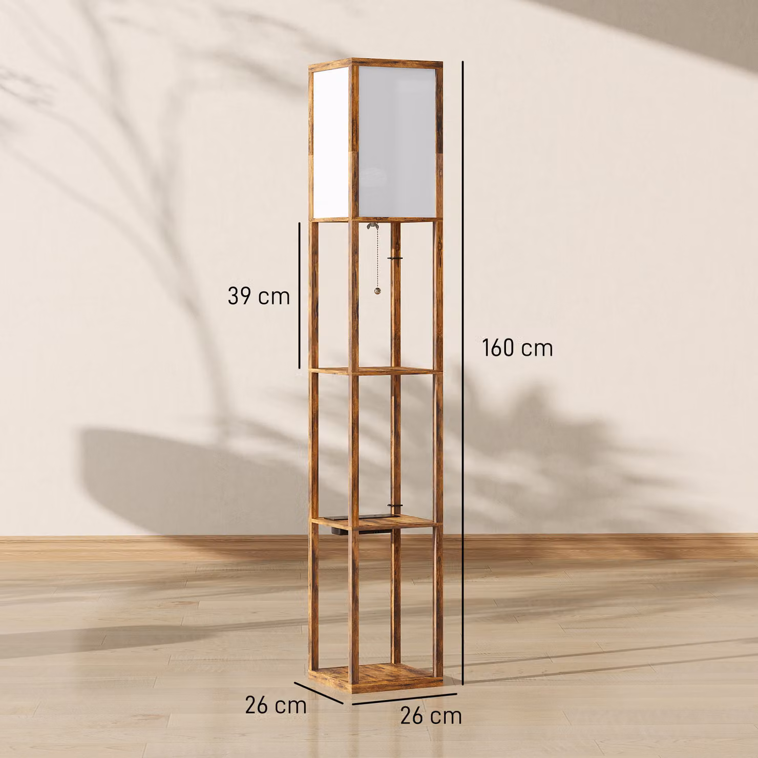 HOMCOM Rustic Brown Floor Lamp with 4 Shelves, USB Ports and 3 Colour Temperatures – 3