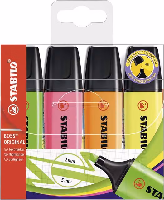 STABILO BOSS ORIGINAL Chisel Tip Highlighters, Multicolour Neon Set of 4