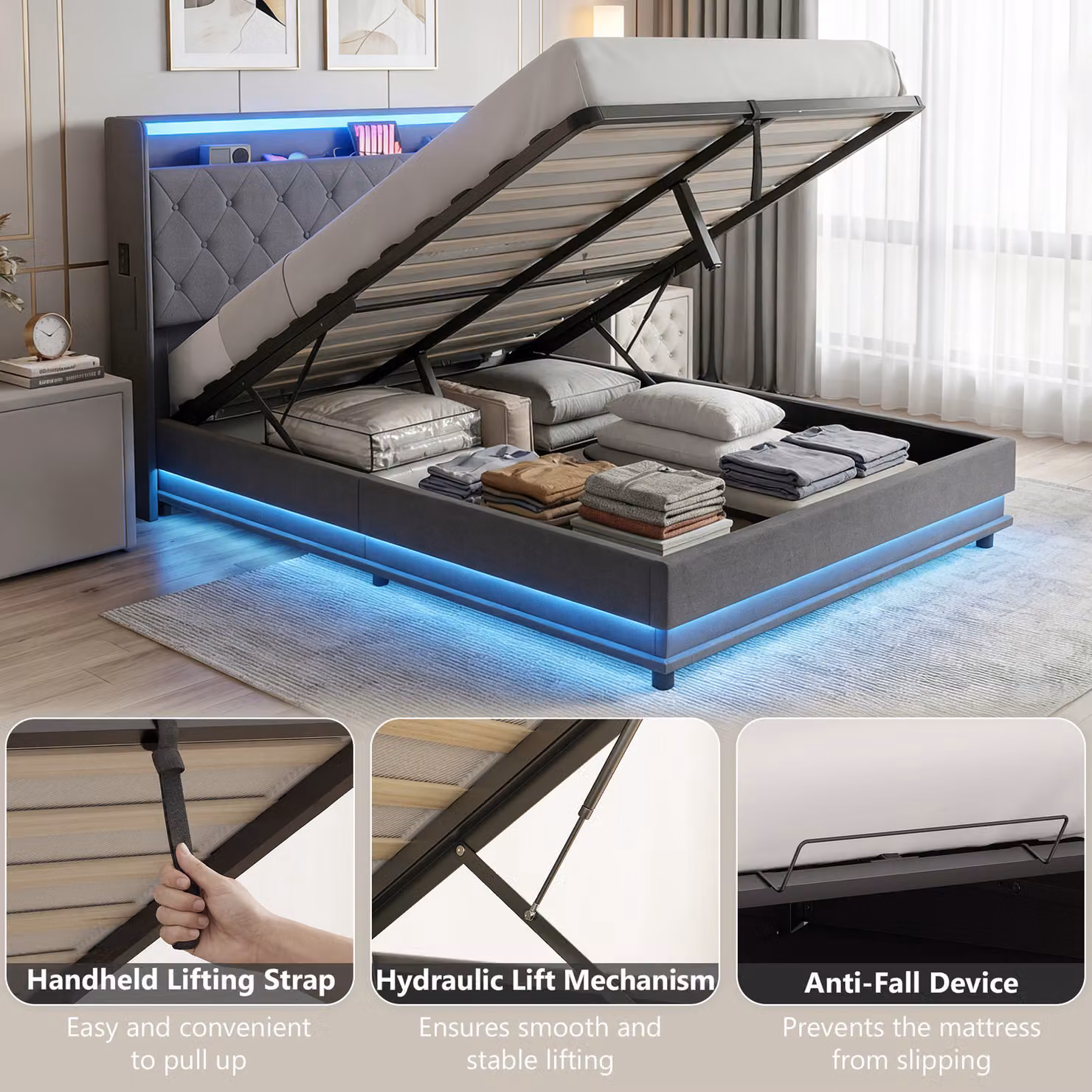 HOMCOM Grey Fabric Double Bed Frame with Headboard, Hydraulic Storage, LED Lights and USB Charging Station, W/D/H: 140 x 200 cm – 7