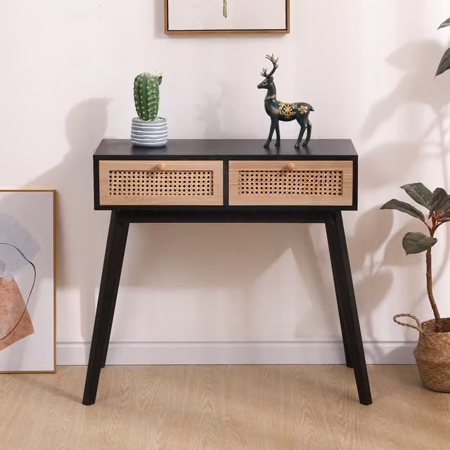 HMD Furniture Modern 2 Drawer Console Table in Natural and Black with Rattan and Pine Details