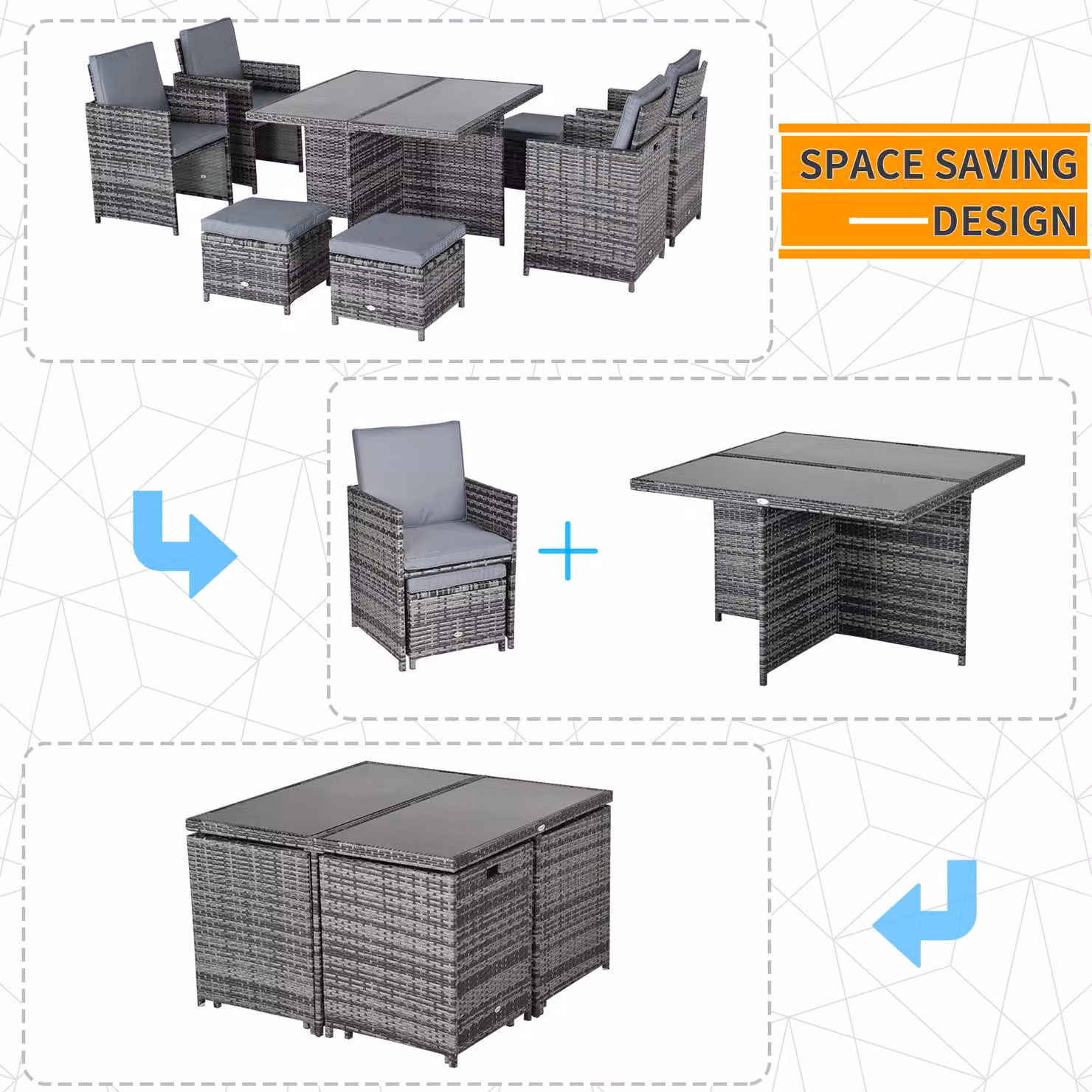Outsunny 9-Piece Grey Rattan Garden Dining Set with Table, 8 Chairs and Footrest – 5