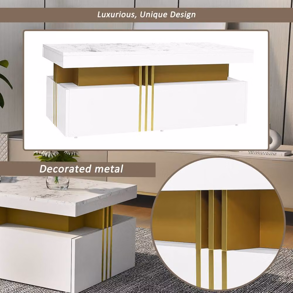 Rolipo Modern White Coffee Table with Marble Effect Top and Drawers – 3